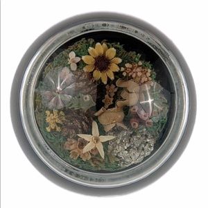 Vintage Glass Paperweight Real Dried Pressed Flowers w/ Pyrite Magnified Dome